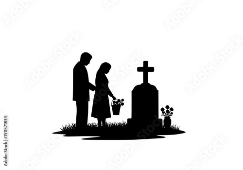 Silhouette of Couple Mourning at Gravesite