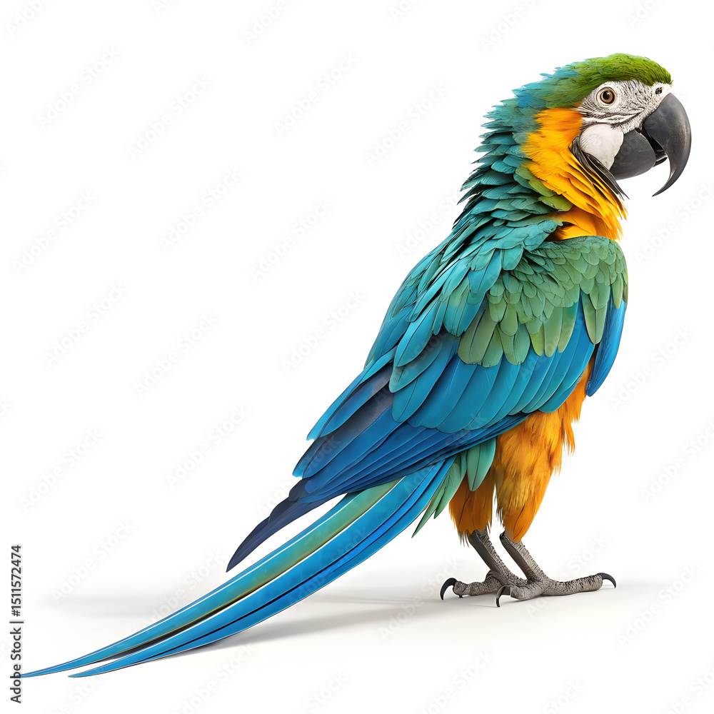 Obraz premium A 3D rendered full body macaw with exaggerated bright feathers.