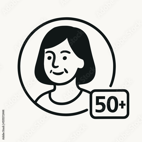Icon of smiling woman in circle with 50 plus age label, representing senior adult age group