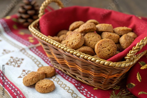 A basket of cookies with a red and white checkered cloth underneath
