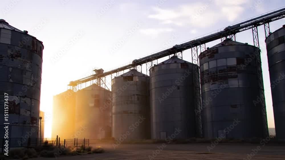 Row of Cylindrical Grain Silos Against a Radiant Sunset Sky in Rural Landscape With Golden Sunlight and Silhouetted Shapes Conveying a Strong Sense of Agricultural Storage Row of Cylindrical Grain Silos Against a Radiant Sunset Sky in Rural Landscape With Golden Sunlight and Silhouetted Shapes Conveying a Strong Sense of Agricultural Storage