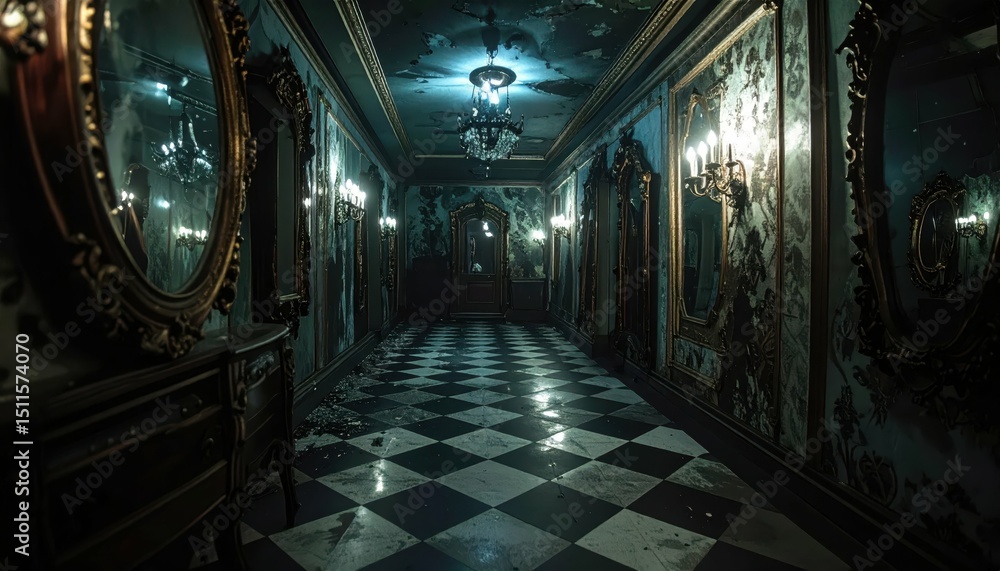 Fototapeta premium Dark Twisted Funhouse with Distorted Mirrors and Unsettling Atmosphere