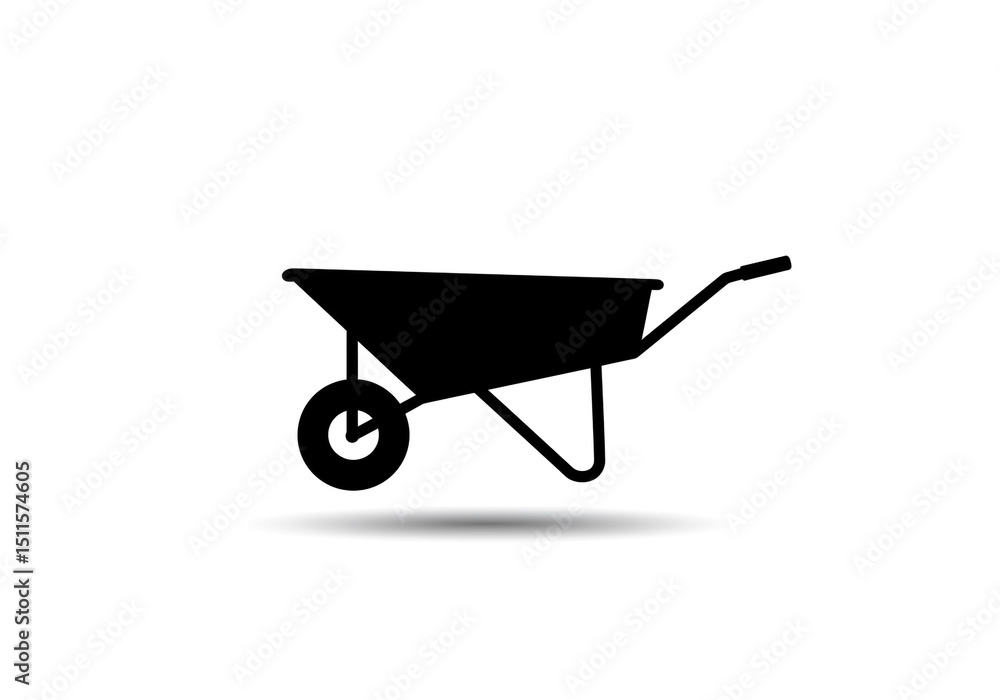 A black silhouette of a wheelbarrow with a single wheel on a white background with a soft shadow A black silhouette of a wheelbarrow with a single wheel on a white background with a soft shadow