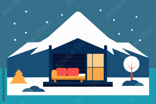 Cozy mountain cabin, snowy landscape, winter retreat, wooden house
