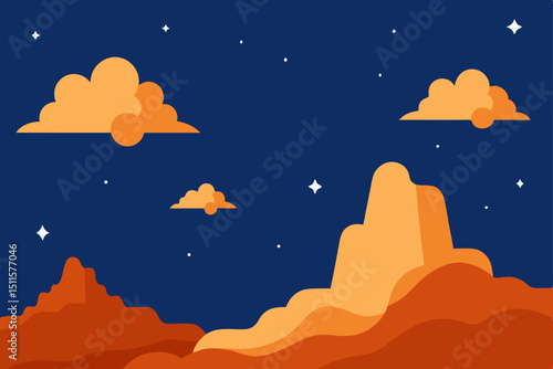 Desert landscape, starry night sky, orange clouds, vector illustration, desert scene, night landscape