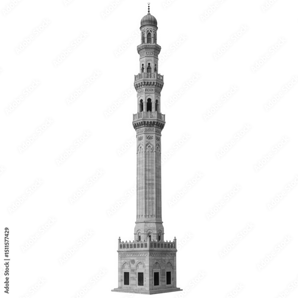 Naklejka premium Islamic minaret tower 3d model isolated on white background