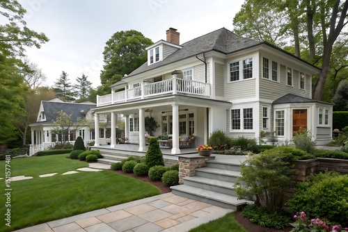 Modern colonial home exterior features a beautiful gray porch with a garden. New England style house with a wall and yard. Exterior view of a house with a porch and balcony.