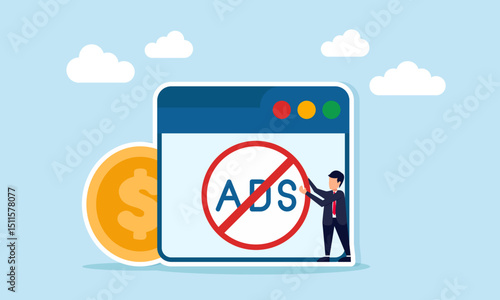 Businessman placing a stop sign in front of an app interface with a dollar coin warning about financial or investment scam advertisements illustration