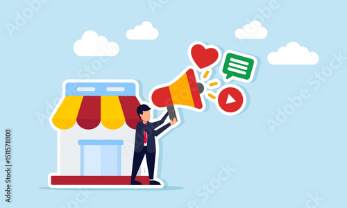 Businessman standing beside a store holding a megaphone with social media icons illustration of sharing promotion and business socialization