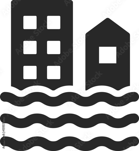Buildings and house submerged in high water, showing climate crisis and global warming, solid icon vector.