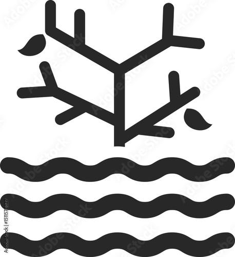 Dying tree submerged in rising water, showing climate crisis and global warming, solid icon vector.