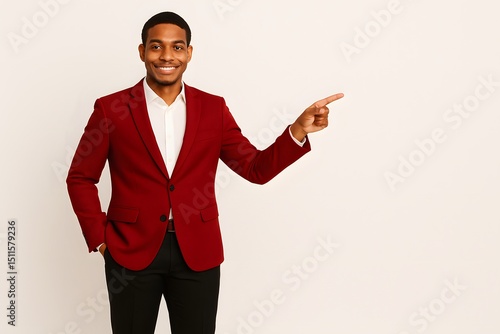Confident Man in Red Blazer Giving Presentation on White Background