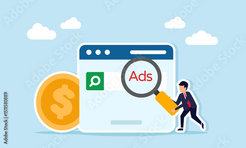 Businessman holding magnifying glass labeled ADS examining app interface beside dollar coin illustration of advertising business financial management