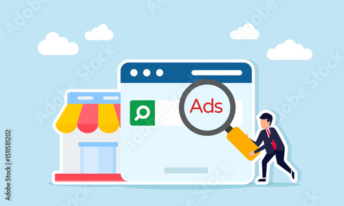Businessman holding magnifying glass labeled ADS inspecting app interface beside store illustration of business marketing optimization through digital advertising