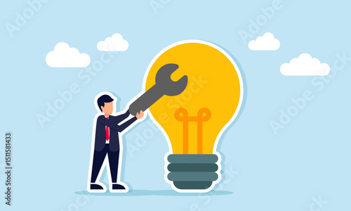 Businessman holding machine key beside lit lamp illustration of evaluation of business idea implementation