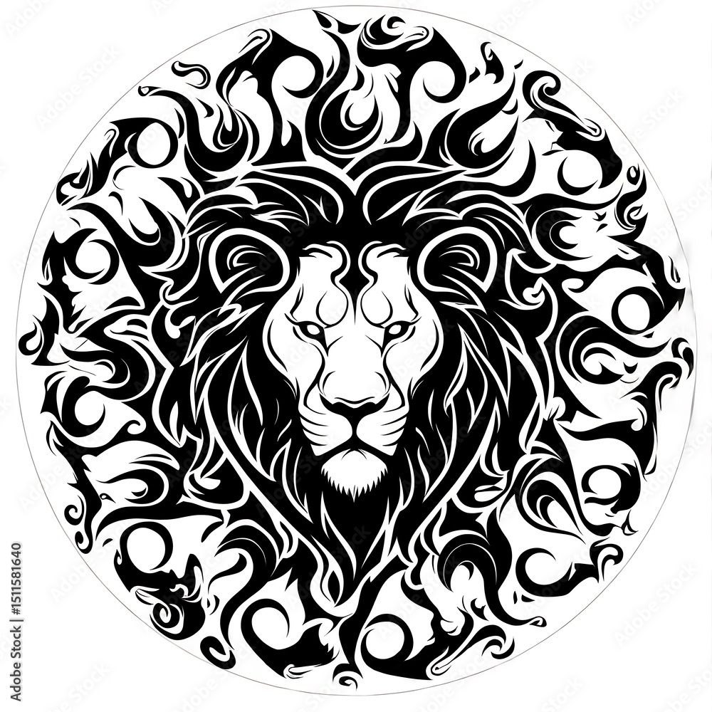 Fierce and majestic black and white lion head tribal design in a circular shape Fierce and majestic black and white lion head tribal design in a circular shape