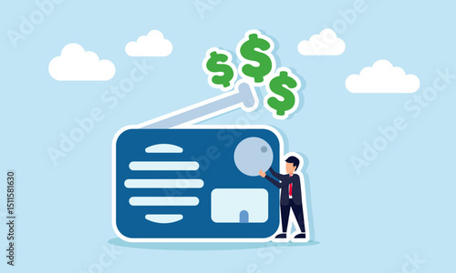 Businessman standing beside a radio surrounded by dollar signs sharing financial management knowledge illustration