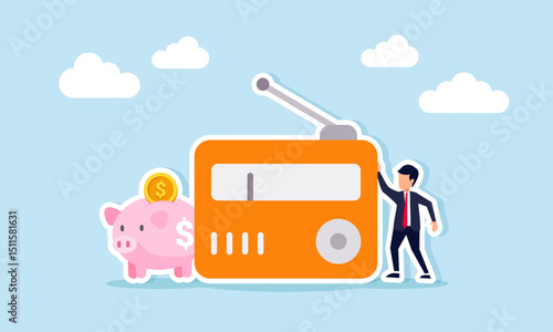 Businessman standing beside a radio and piggy bank sharing business financial investment management knowledge illustration