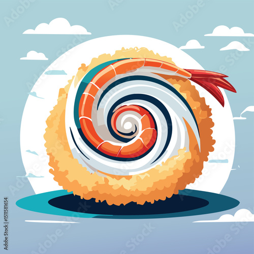 Shrimp Tempura in a Whimsical Scene with Vibrant Swirl Motions All Around.