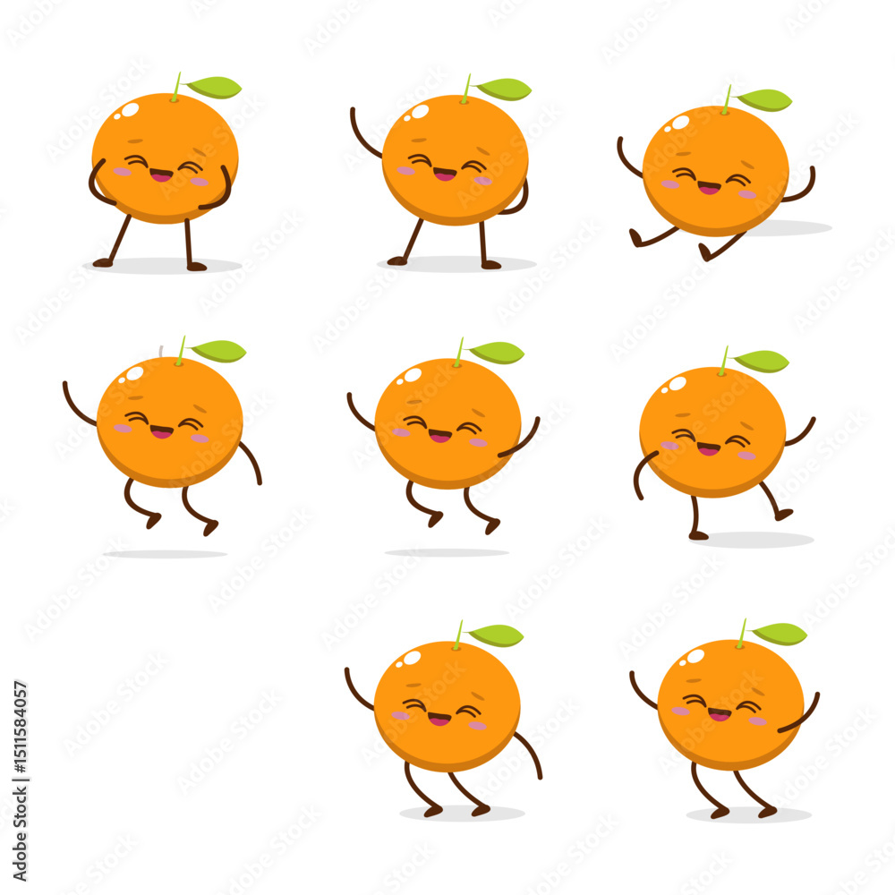 Fototapeta premium Cute Smiling Orange Character. Kawaii Orange Fruit Mascot Style Vector. Cute vector character set in various action emotions. Collection symbols isolated on a white background