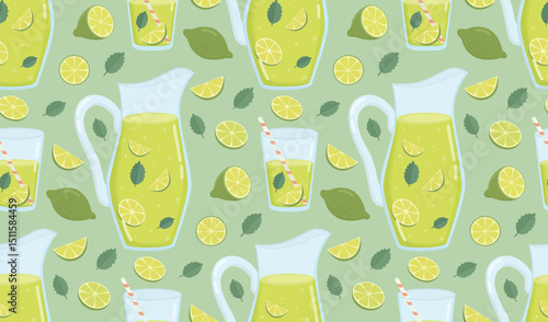 Seamless pattern with lime lemonade glasses, pitcher, citrus slices and mint leaves. Colorful background with fresh summer drink and fruits
