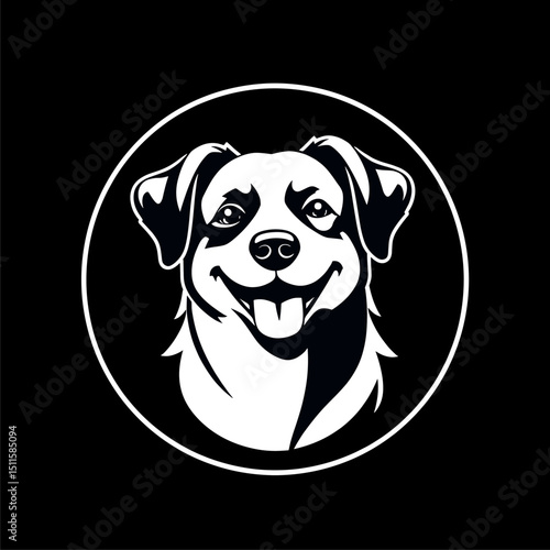 Happy Dog Head in Circle, Monochrome Pet Logo Design