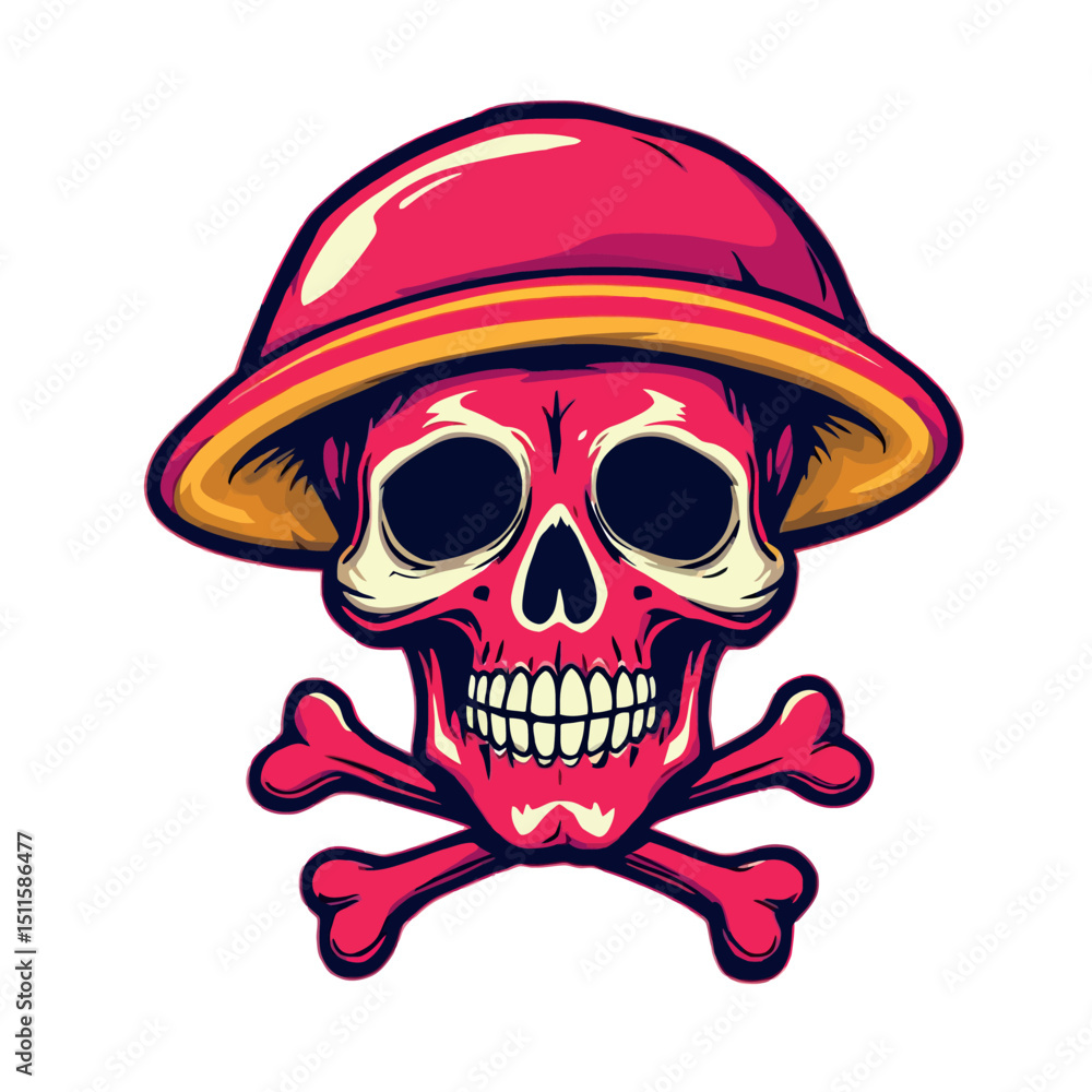 Illustrated Skull Sticker With A Pink Helmet And Pink Crossbones Background Illustrated Skull Sticker With A Pink Helmet And Pink Crossbones Background