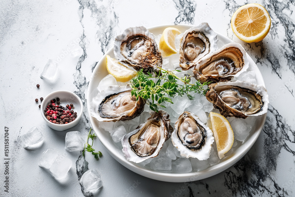 Fresh oysters on crushed ice, served on a white marble surface, minimalist fine dining style Fresh oysters on crushed ice, served on a white marble surface, minimalist fine dining style