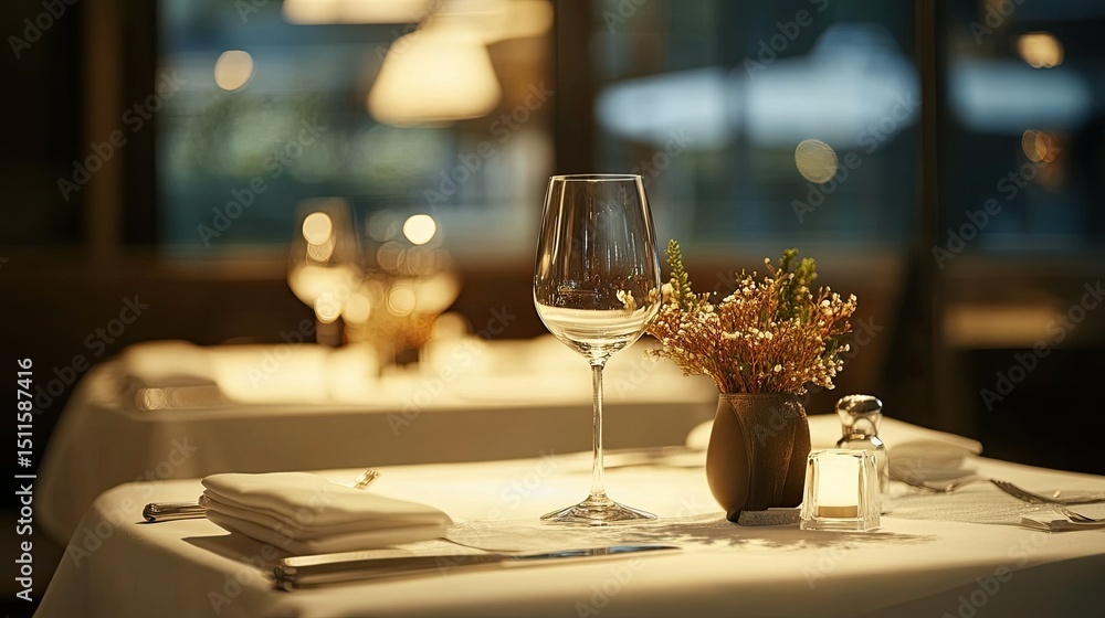 A restaurant table setting with a wine glass, flowers, and a candle on a white tablecloth table