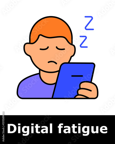 Digital fatigue icon. Sleepy person holding device with closed eyes and Z symbol shows exhaustion from late screen use and lack of rest due to constant digital interaction.