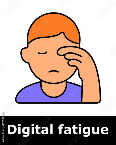 Digital fatigue icon. Tired person rubs eyes, showing discomfort and stress from screen overuse, emotional strain, and mental exhaustion caused by prolonged digital interaction.
