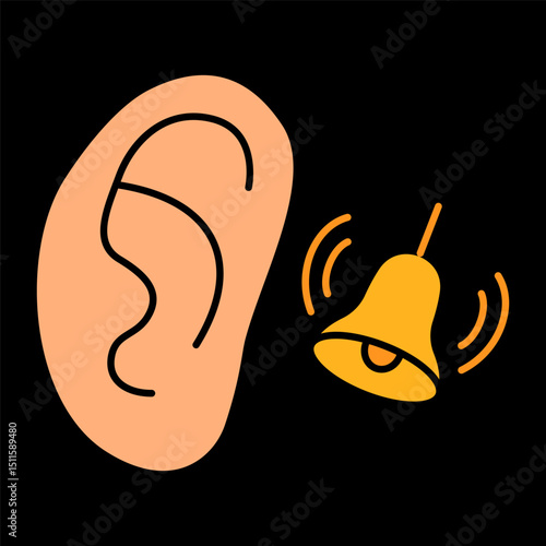 Tinnitus icon. Ear with ringing bell symbolizes hearing disorder, noise sensitivity, or persistent sound perception linked to stress or health issues.