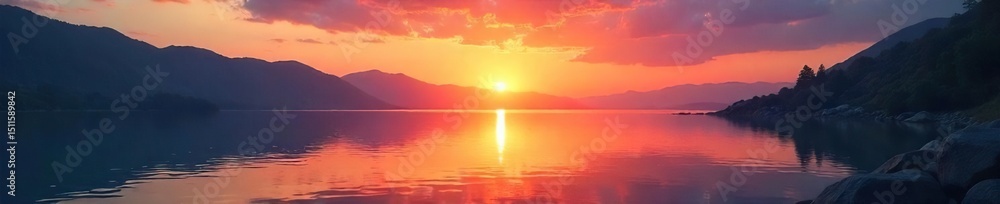 Fototapeta premium Serene landscape at sunset, reflecting calm waters, perfect for relaxation and mindfulness Ideal for meditation, yoga, spa, wellness, and tranquility themes , wellness, inner peace