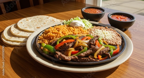 Sizzling Fajitas with Fresh Ingredients, Colorful Bell Peppers, Tortillas, Rice, Beans, and Condiments on a Wooden Table in Bright Light