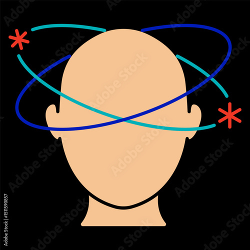 Dizziness icon. Head surrounded by swirling lines and stars, indicating vertigo, confusion, or motion sickness.