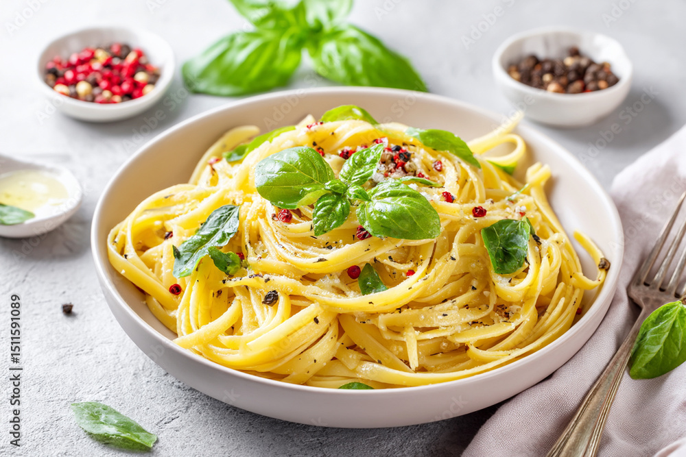 Plate with italian pasta garnished with basil on light background Plate with italian pasta garnished with basil on light background