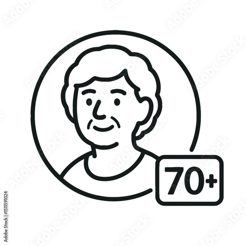 Icon of elderly woman with short hair in circle with 70 plus age label, representing older adult demographic