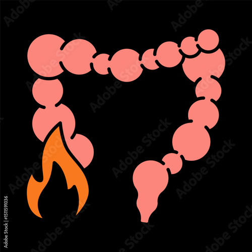 Intestine pain icon. Inflamed colon with fire symbol, indicating gastrointestinal disorder or inflammation.
