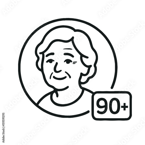 Icon of elderly woman with short hair in circle with 90 plus age label, representing nonagenarian demographic