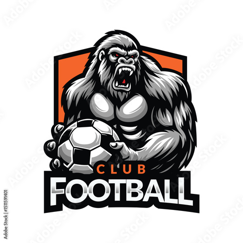 Gorilla football logo design, Gorilla mascot holding a ball, soccer logo for team and club
