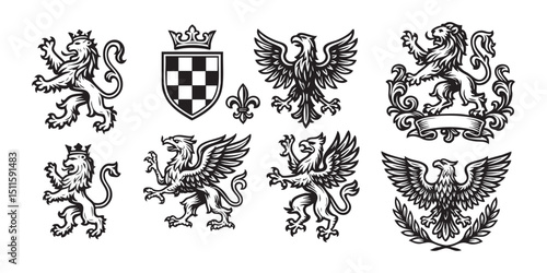 heraldry animal object set in vintage style hand-drawn engraving woodcut illustration
