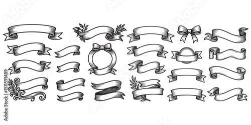 ribbon object set in vintage style hand-drawn engraving woodcut illustration