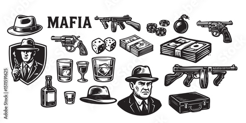 mafia object set in vintage style hand-drawn engraving woodcut illustration
