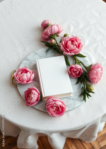 Wedding still life scene. white empty book cover mockup on marble tray. pink peony flowers on white linen table cloth. vintage feminine styled photo, wooden floor. flat lay. blurred background. book m