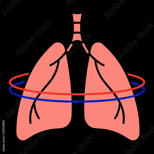 Lung pain icon. Lungs with circular lines, representing respiratory discomfort, cough, asthma or chest pressure.