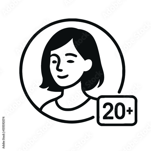 Icon of young woman with short hair in circle with 20 plus age label, representing twenties demographic