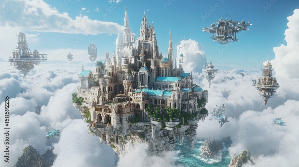 Fototapeta premium Aethereal Sky City: Floating Metropolis in the Clouds