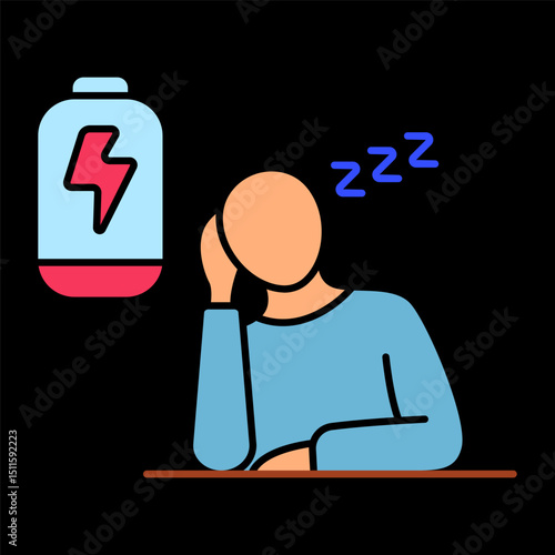 Fatigue icon. Person sleeping at desk with low battery icon, indicating exhaustion, sleep deprivation, or burnout.