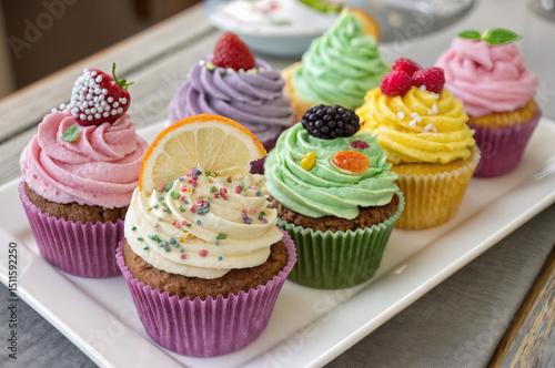  shows a plate of colorful cupcakes with various toppings, such as fruits, frosted cream, and sprinkles. The cupcakes are decorated with pink, purple, green, yellow, and white frosting.