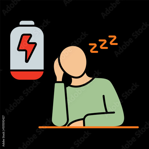 Low energy icon. Tired person with empty battery, symbolizing exhaustion, sleepiness, or fatigue.